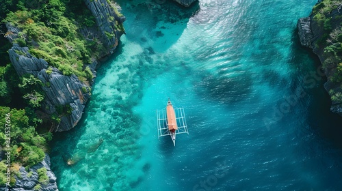 A boat floating in the clear turquoise waters of El Nido, showing a blue sky and green cliffs on both sides, the scene is vibrant and tropical, lush vegetation and towering rock formations. 