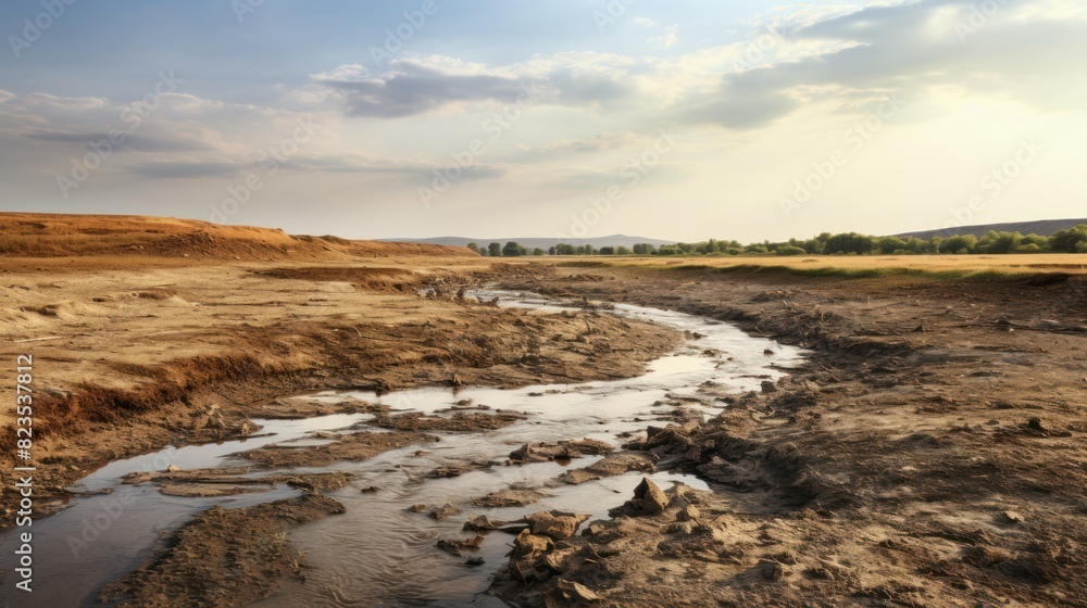 a polluted river flowing through a barren landscape a polluted river flowing through a barren landscape