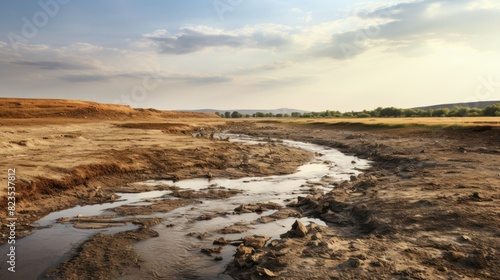 a polluted river flowing through a barren landscape 