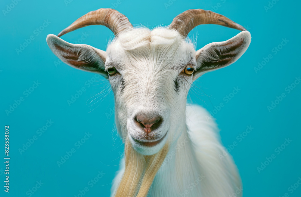 Portrait of goat with horns on blue background Portrait of goat with horns on blue background