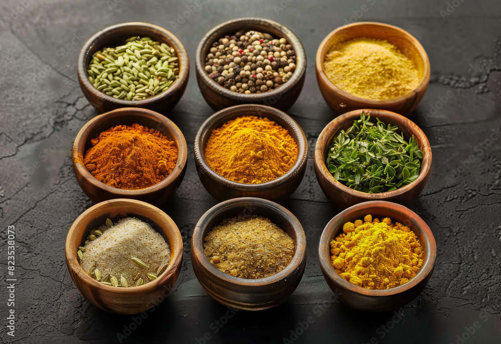 Spices in bowls on black background Spices in bowls on black background