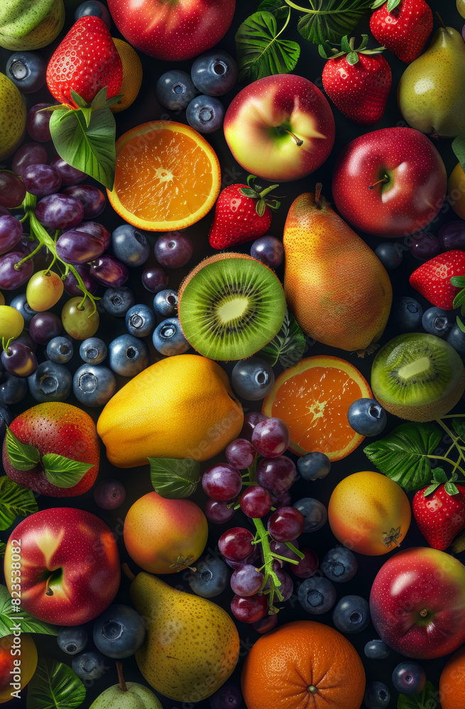 Fresh fruits and berries like strawberries oranges apples grapes blueberries and kiwis as background