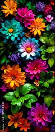 Colorful flowers leaves blooms top down view, wallpaper floral background