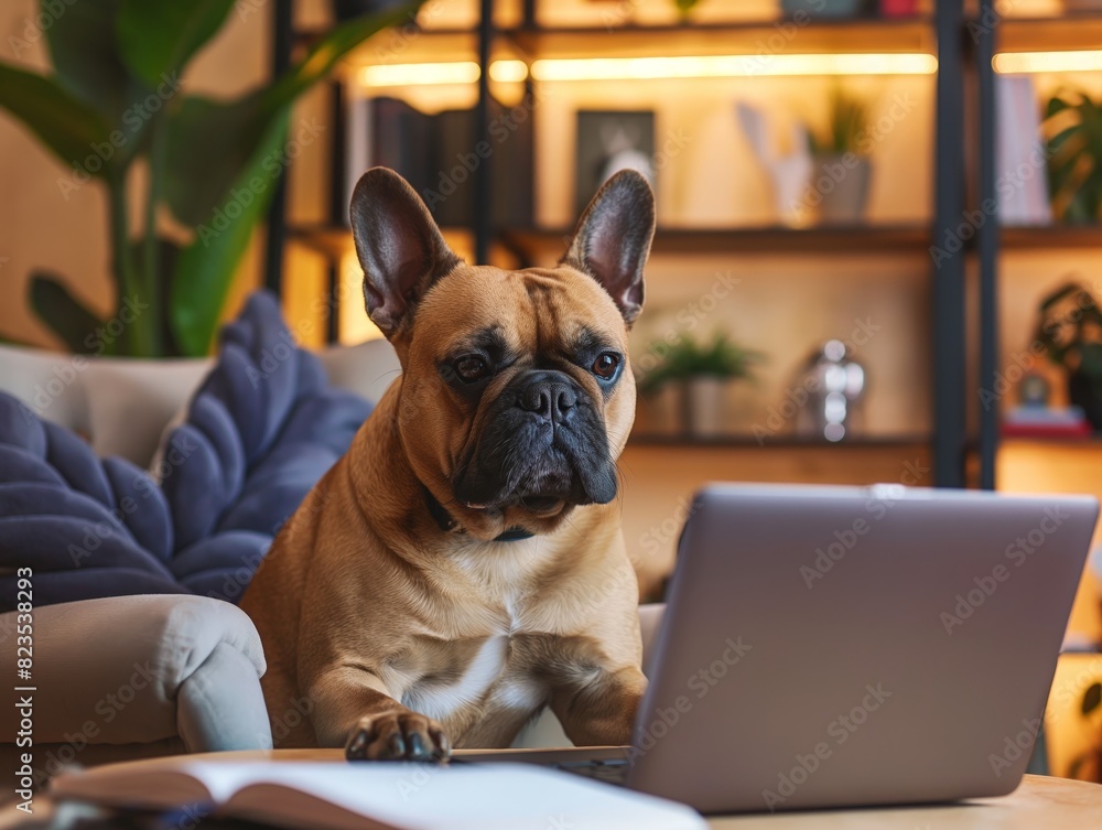 French Bulldog sitting on a chair, focused on a laptop in a cozy home office setting with plants and bookshelves.