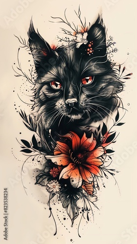 Black cat with floral design, intricate illustration.