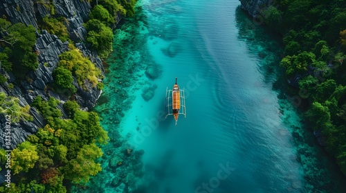 A boat floating in the clear turquoise waters of El Nido  showing a blue sky and green cliffs on both sides  the scene is vibrant and tropical  lush vegetation and towering rock formations. 