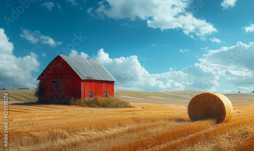 Red barn and hay bale sit in field on sunny day. photo