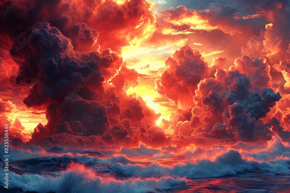 Majestic Sunset With Clouds and Waves in the Ocean Majestic Sunset With Clouds and Waves in the Ocean