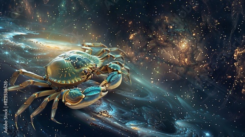 a celestial crab floating amidst a starry night sky  with intricate patterns on its shell reflecting the cosmos