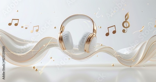 White headphones with gold accents floating above abstract wave with music notes.