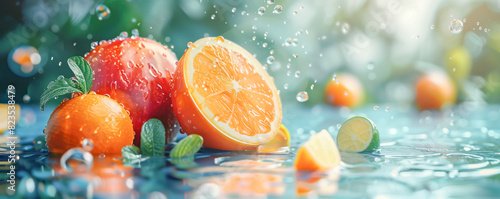 Slices of fresh orange fruit lying in transparent water. Freshness and refreshment concept.