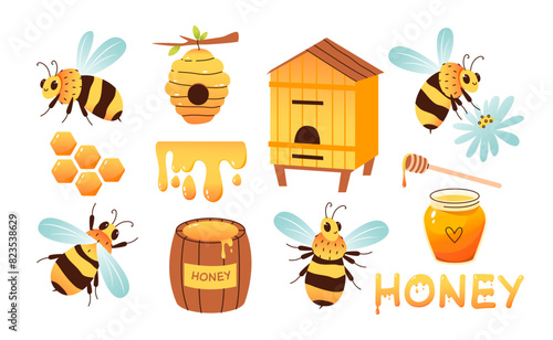 Bee, honey and hive. Beekeeping vector illustration set. Cute bees in different poses