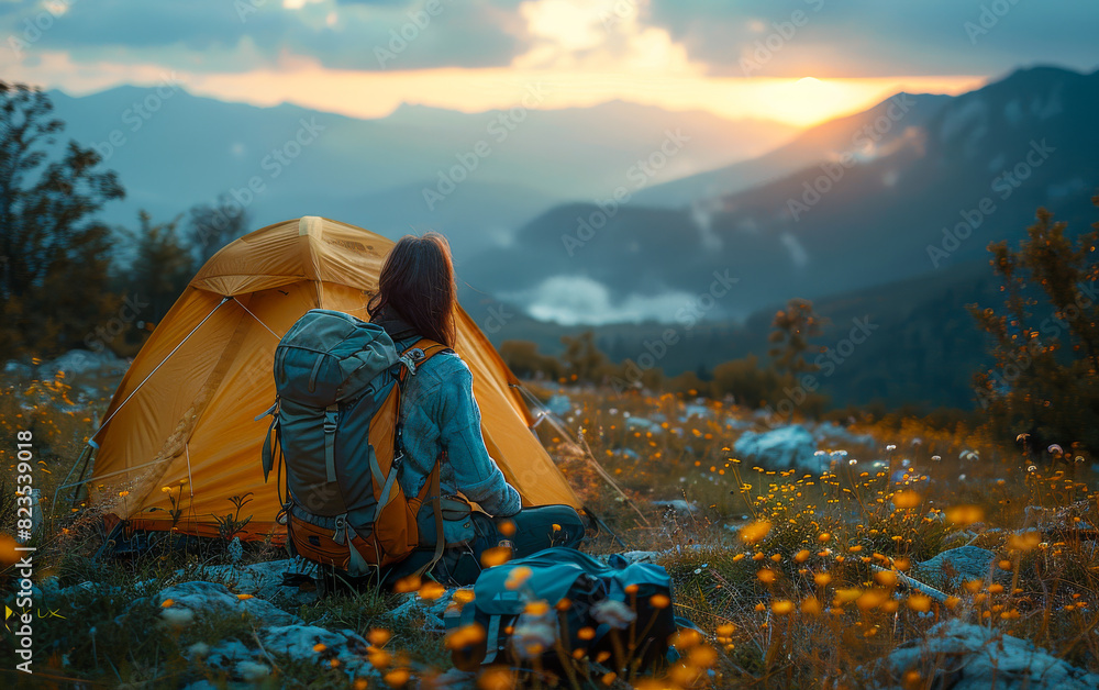 Woman hiker sitting near the tent and looking at the mountains and wildflowers