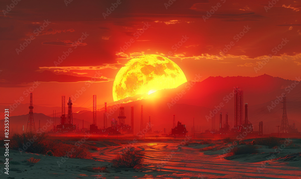 Oil rigs and natural gas plant under red sky with the moon rising Oil rigs and natural gas plant under red sky with the moon rising