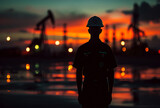 Silhouette of engineer looking construction worker in the oil field at sunset