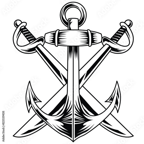 Anchor with crossed sword drawing illustration