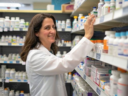 Smiling pharmacist in a white coat organizing medication on shelves in a pharmacy. Concept of healthcare, medicine, and professional service.