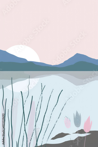 Drawing, poster, landscape poster of mountains, sea and sun in Asian style. Modern contemporary art. Interior design. Vertical orientation.