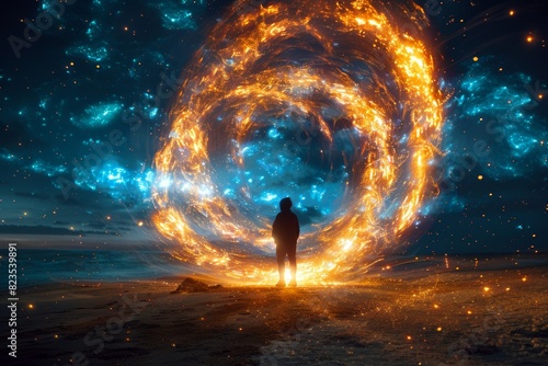 Person standing before fiery cosmic portal at night © Aurora Blaze