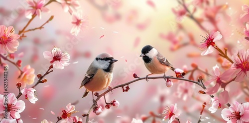 The birds were on the cherry blossom branches