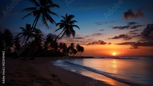 tropical beach at dusk  with the moon rising over the horizon  