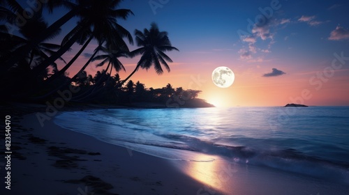 tropical beach at dusk, with the moon rising over the horizon, 