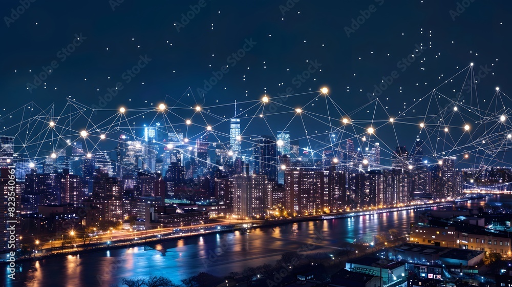A city skyline at night, connected by glowing data connections and light bulbs symbolizing the internet of things. With a dark blue sky in the background.
