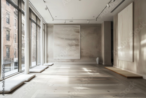 An elegant, minimalist yoga studio characterized by its simplicity and clean lines. The room has a muted color palette of soft grays and whites, with seamless, sleek wooden flooring. 