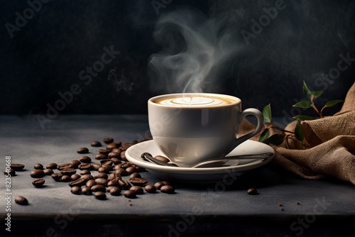 Warm cup of coffee with latte art  surrounded by roasted beans and gentle steam  against a dark backdrop