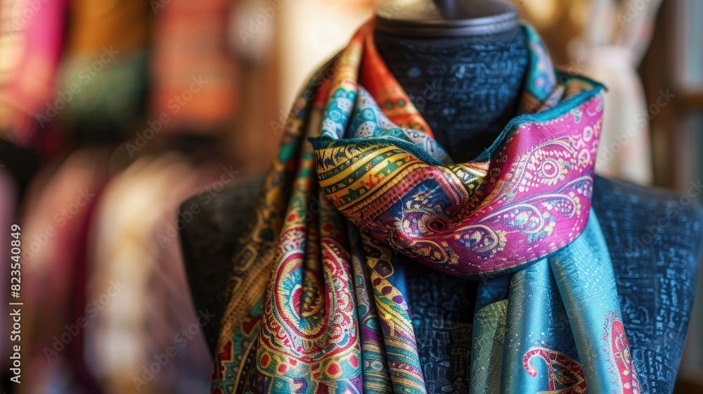 A luxurious silk scarf, delicately draped over a mannequin, showcasing its vibrant colors and intricate patterns.