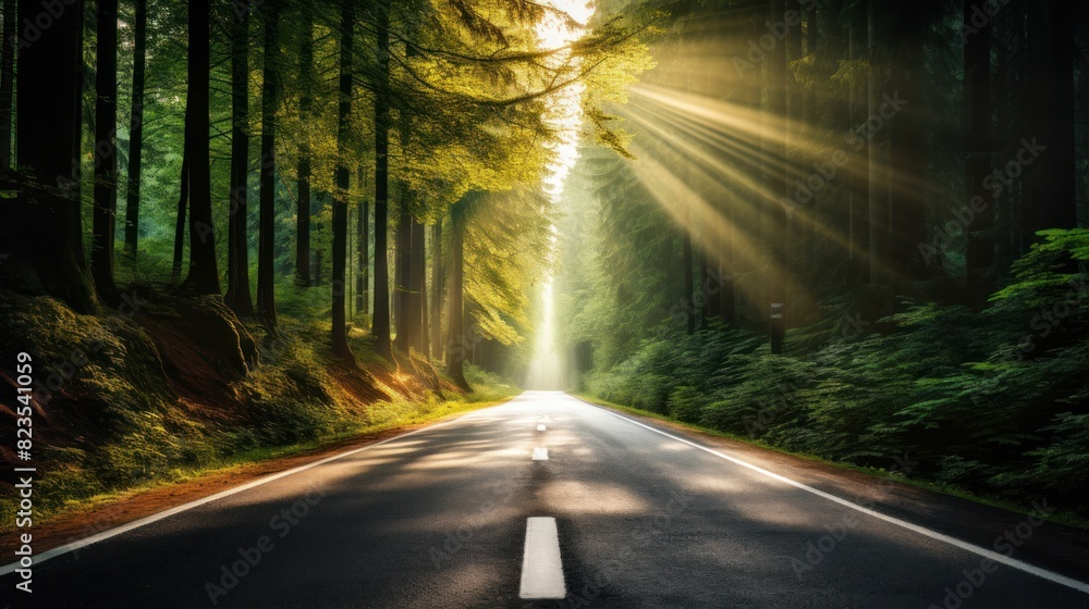Obraz premium asphalt road disappearing into a lush green forest 