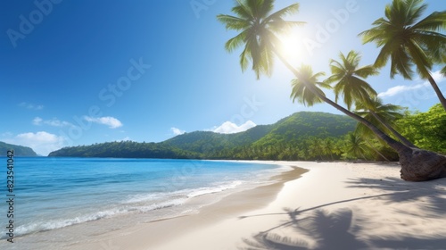 Scenic tropical beach with swaying palm trees offers a paradise for your summer vacation