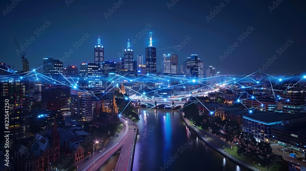 A city skyline at night, connected by glowing data connections and light bulbs symbolizing the internet of things. With a dark blue sky in the background.
