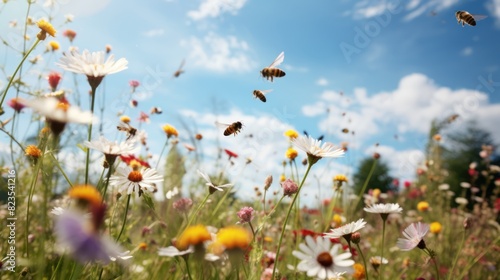 meadow filled with wildflowers and buzzing bees, with clean air and a feeling of serenity, 