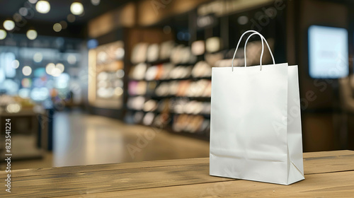 White shopping bag on wooden table over blurred store background