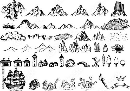 Fantasy map symbols for cartography of fantasy maps - line drawings, outlines, vector - mountains, trees and sea monsters