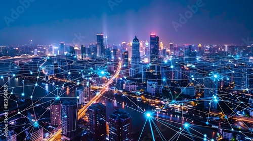 A city skyline at night, connected by glowing data connections and light bulbs symbolizing the internet of things. With a dark blue sky in the background. 