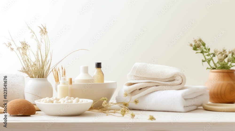 a white wooden table showcasing a variety of natural skincare products, a white wooden table showcasing a variety of natural skincare products,