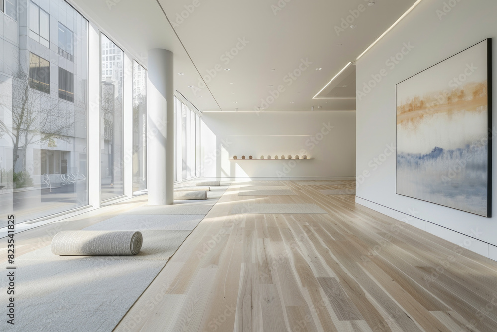 Fototapeta premium An elegant, minimalist yoga studio characterized by its simplicity and clean lines. The room has a muted color palette of soft grays and whites, with seamless, sleek wooden flooring. 