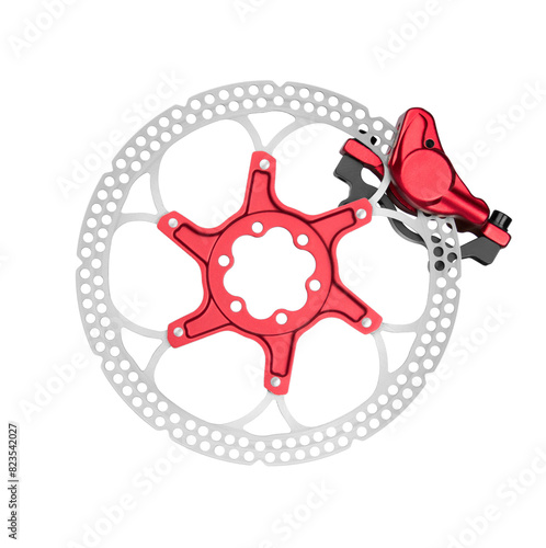 Bicycle disk brake caliper and rotor isolated on white