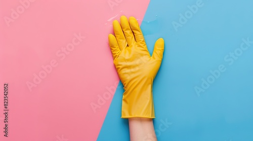 A yellow rubber glove is pictured against a split pink and blue background.

 photo