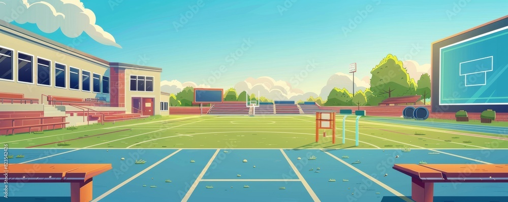 Colorful and inviting empty school sports field with empty bleachers and track