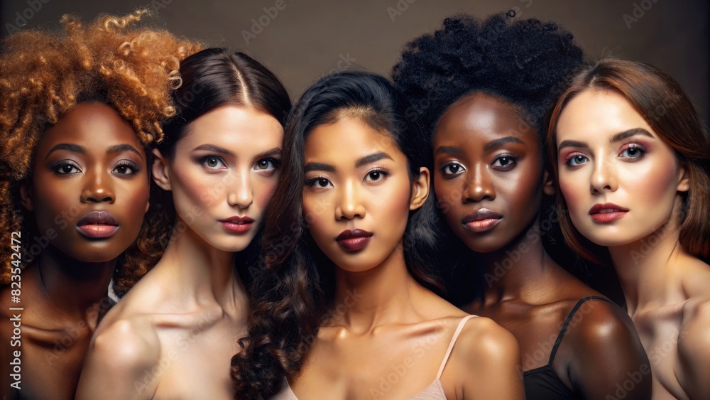 Fototapeta premium Face portrait, diversity and beauty of women in studio isolated on a brown background. Makeup cosmetics, skincare and group of female models with healthy or glowing skin after spa facial treatment.