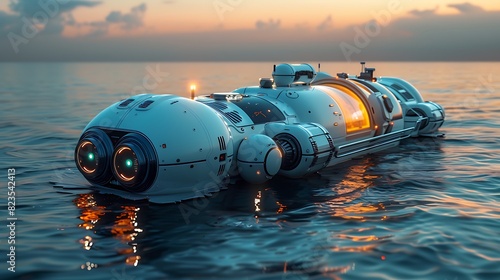 Imagine autonomous submarine drone equipped artificial intelligence underwater exploration research modular design allows customizable payload ranging deepsea sensor underwater habitat deployment syst photo