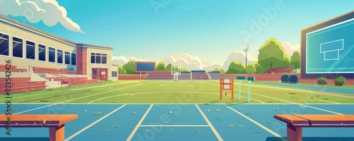 Colorful and inviting empty school sports field with empty bleachers and track