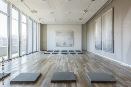 An elegant, minimalist yoga studio characterized by its simplicity and clean lines. The room has a muted color palette of soft grays and whites, with seamless, sleek wooden flooring. 