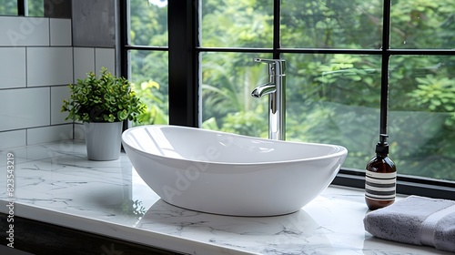 The sink, featuring an elegant white oval shaped vessel sink on top of a sleek marble countertop in front of large windows with outdoor views. The modern bathroom exudes luxury and comfort.   © horizor