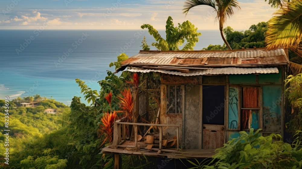 Obraz premium wooden shack perched atop a hill, view of a sprawling tropical jungle and a glistening ocean, 