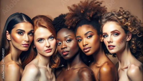 Face portrait, diversity and beauty of women in studio isolated on a brown background. Makeup cosmetics, skincare and group of female models with healthy or glowing skin after spa facial treatment.