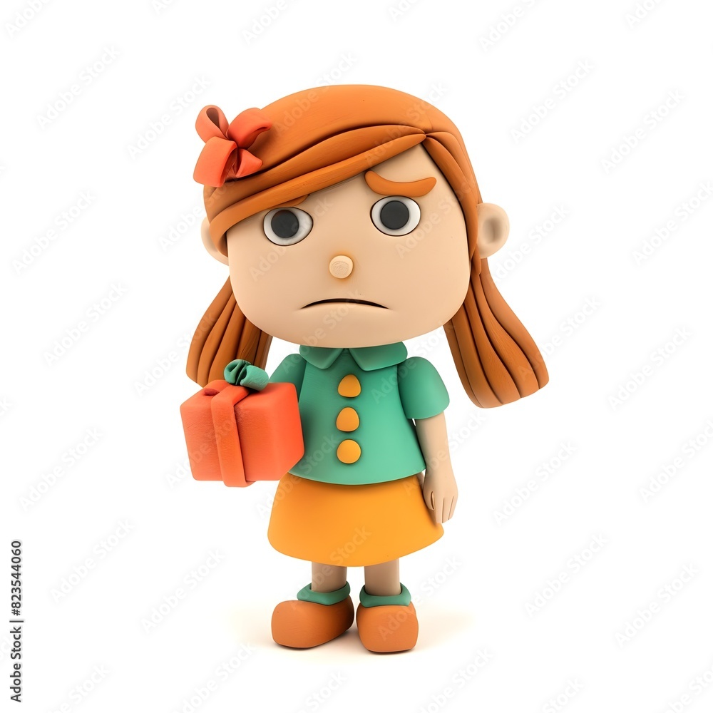 Unhappy Clay Figurine Girl Holding a Gift Box on White Background Unhappy Clay Figurine Girl Holding a Gift Box on White Background